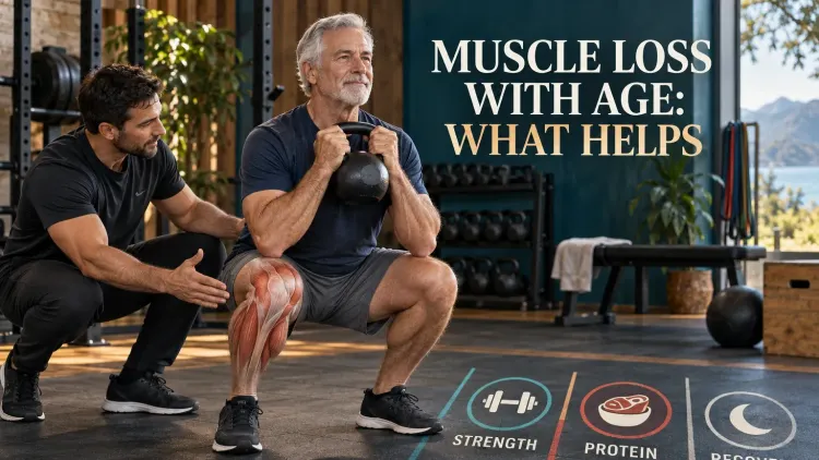 Older man performs a controlled goblet squat while a coach monitors his form, with strength, protein and recovery shown as the supporting plan.