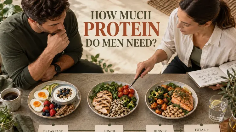 Three balanced meals show practical protein sources distributed across breakfast, lunch and dinner.