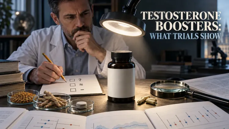 A researcher examines an unbranded testosterone booster beside ingredient samples and study charts showing mixed trial findings.