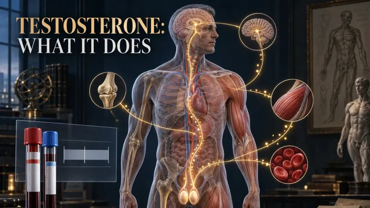 An anatomical male figure traces hormone signaling from the brain and testes through the bloodstream toward muscle, bone and red blood cells.