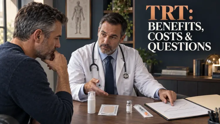 Doctor discusses testosterone replacement therapy options and monitoring with a middle-aged man.