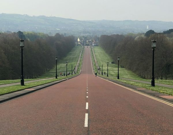 A view of the road to Stormont, looking down Prince of Wales Avenue from Parliament buildings to the gates on Upper Newtownards Road