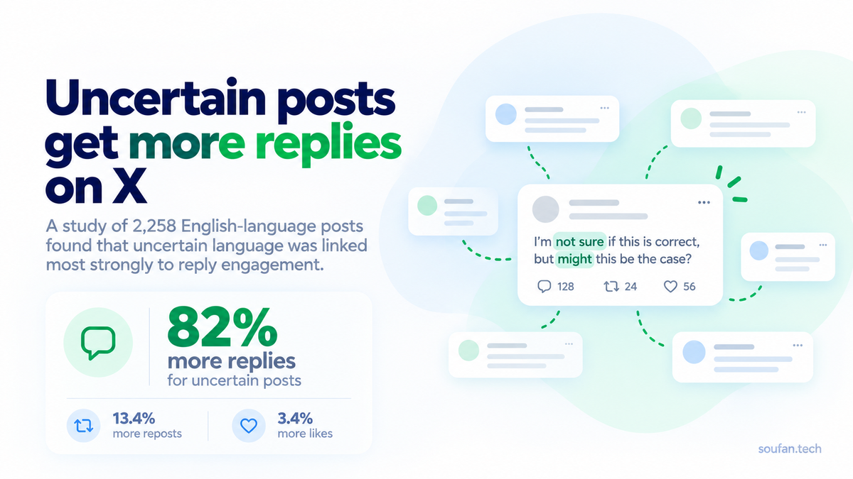 Illustration showing uncertain posts generating more replies on X, based on a study of 2,258 English-language posts.