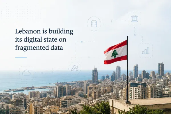 Lebanon digital government and fragmented data illustrated over Beirut