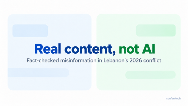 Cover image for research on fact-checked misinformation in Lebanon’s 2026 conflict, highlighting the contrast between real content and AI-related material.