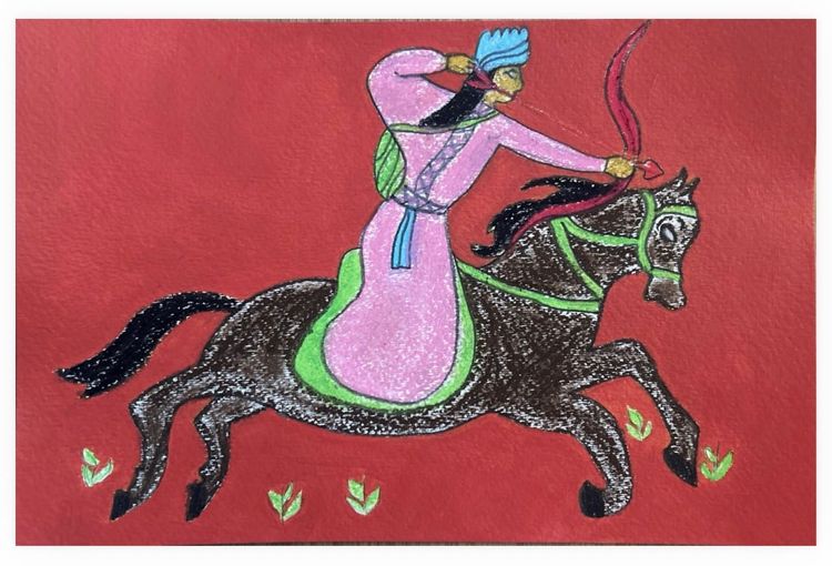 Acrylic and pastel painting study of a pink clad archer on horseback.