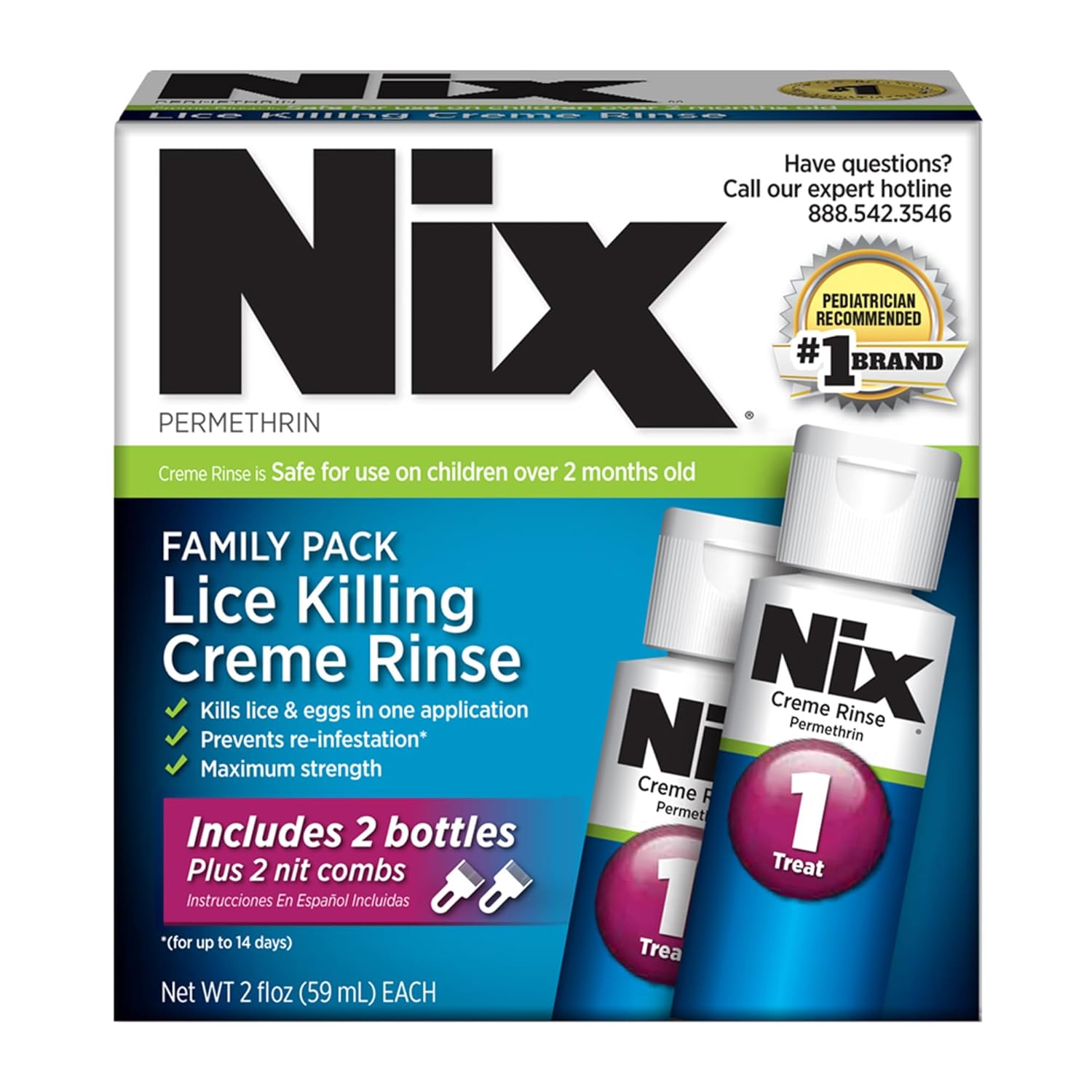 Nix Lice Killing Creme Rinse Extra Strength Family Pack, 2 Creme Rinse, 2 fl oz bottles & 2 Lice Combs