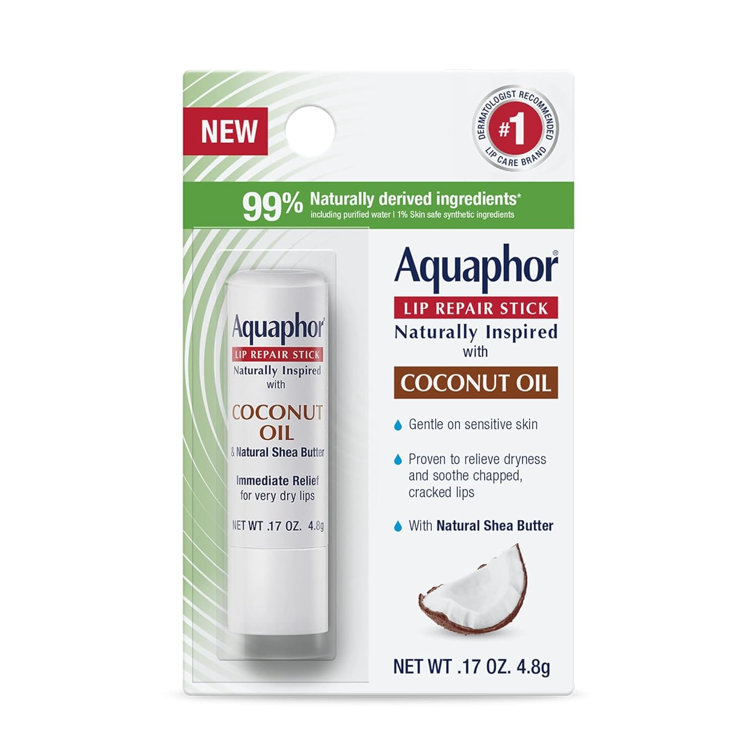 Aquaphor Naturally Inspired Lip Repair Stick with Coconut Oil and Natural Shea Butter, Hydrating Lip Balm Immediately Relieves Dryness, 0.17 Oz Stick