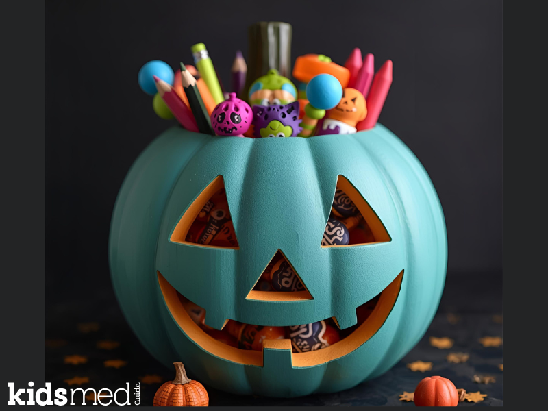 Teal pumpkin filled with candy.