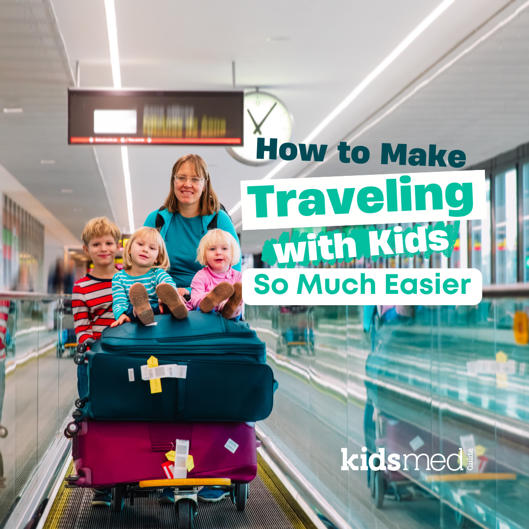 A mom pushing her kids through an airport with the title "How to Make Traveling with Kids So Much Easier"