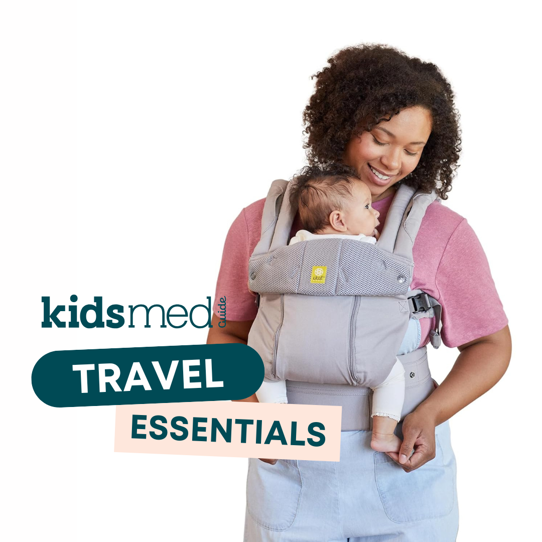 A woman carrying an infant in a LÍLLÉbaby baby carrier. The title is Kids Med Guide Travel Essentials
