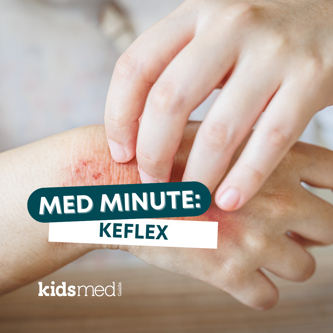 A skin rash on hands with the title Med Minute: Keflex