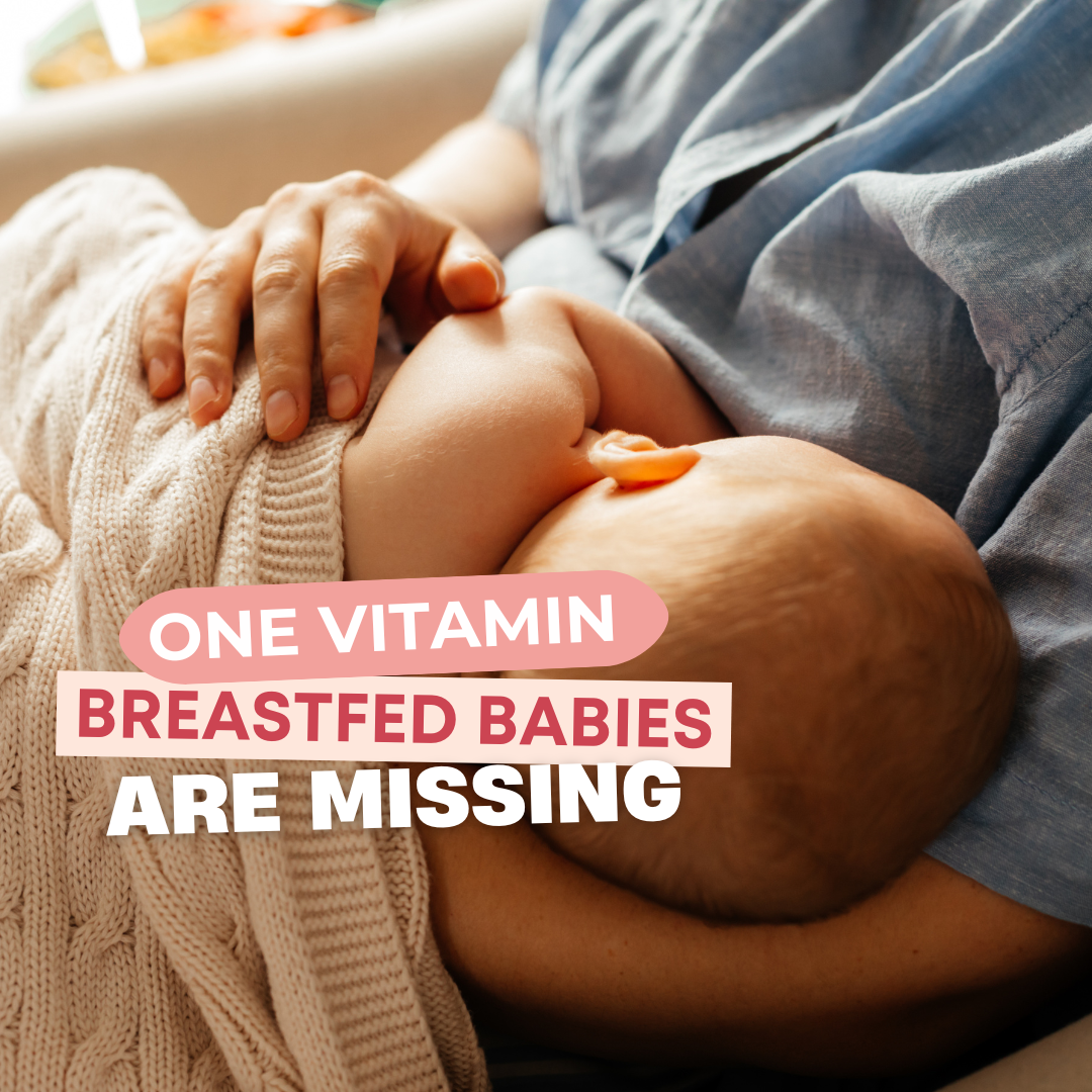 Mother breastfeeding her child with title: One Vitamin Breastfed Babies Are Missing (and how to fix it)