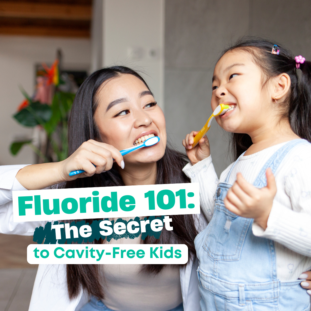Mother and daughter brushing teeth together with caption: Fluoride 101: The Secret to Cavity-Free Kids