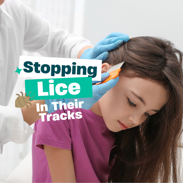 A doctor combing lice out of a little girl's hair with the title: Stopping Lice in Their Tracks