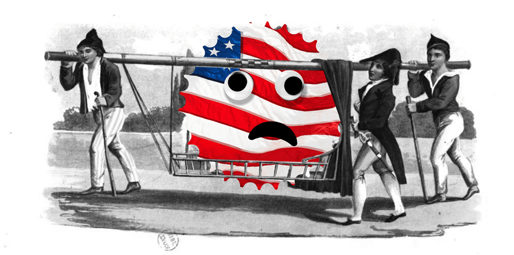 Illustration: sad face symbol of US consumption in a sedan chair