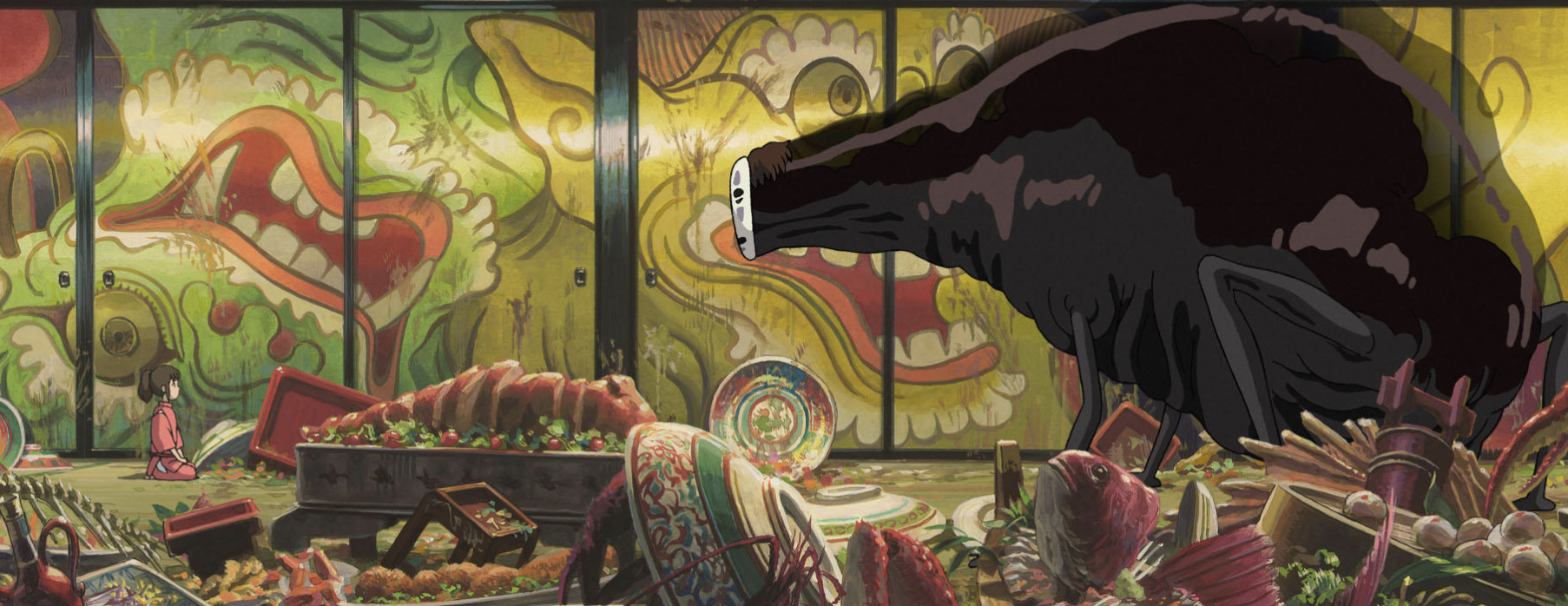 No-Face sits in front of Sen, who is sitting in Seiza