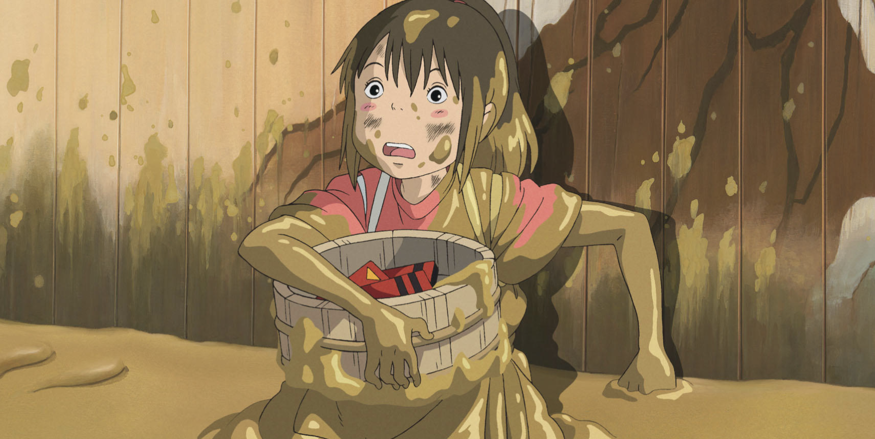 Sen sits in a bathhouse full of muck with a pail full of soap and oil tokens 