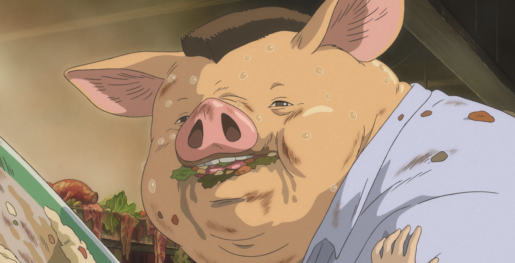 Chihiro's father, his mouth full of food, has turned into a pig