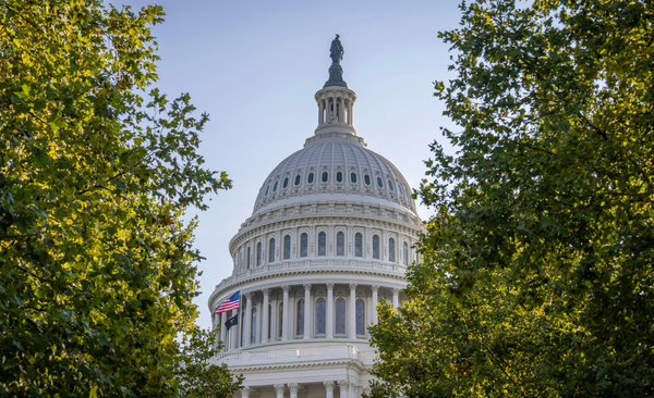 The Capital Rotunda framed by some green and yellow foliage