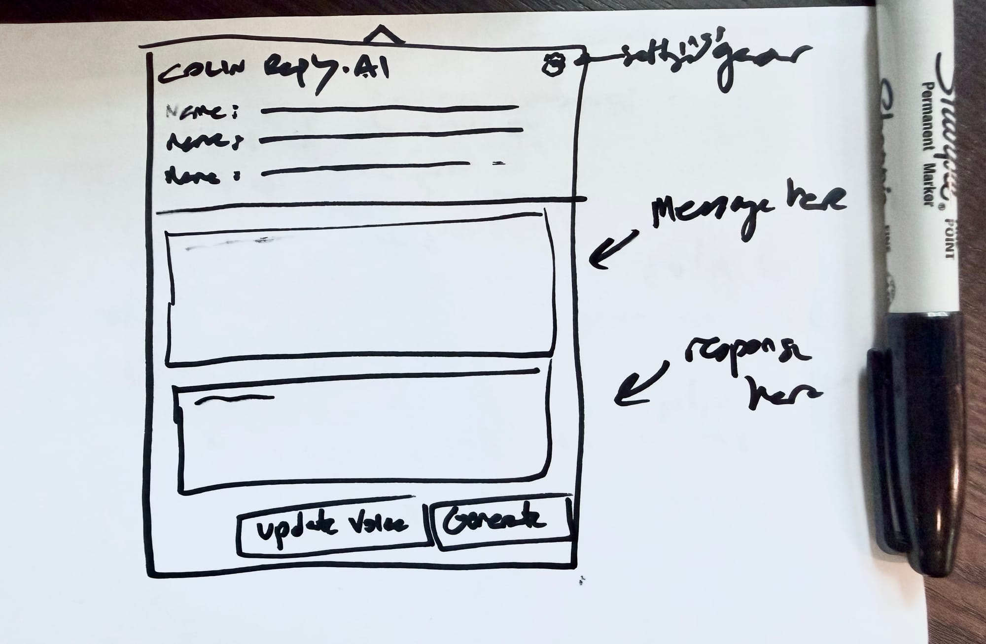pen and paper UX wireframes of app idea