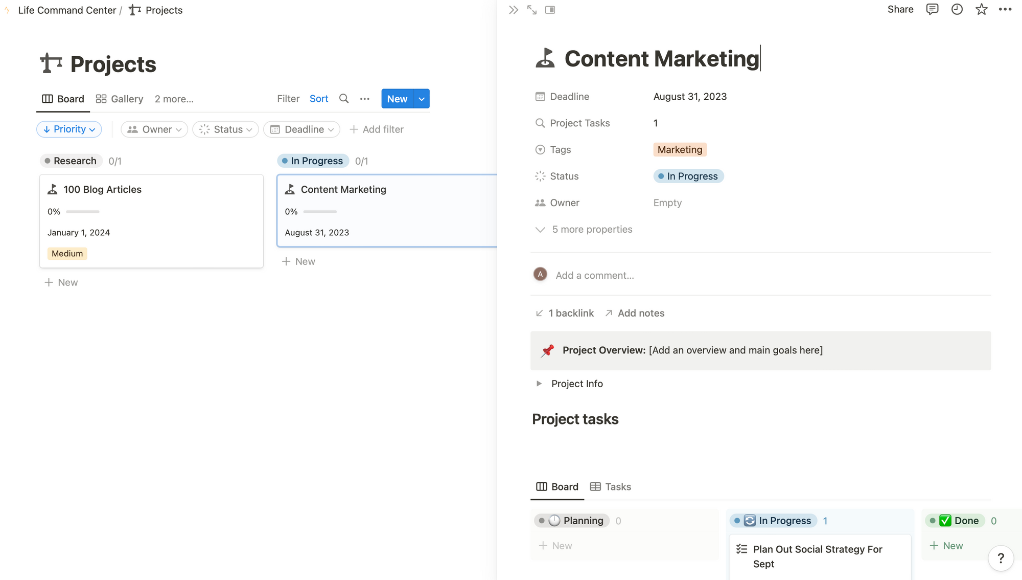 Notion Life Command Center Projects