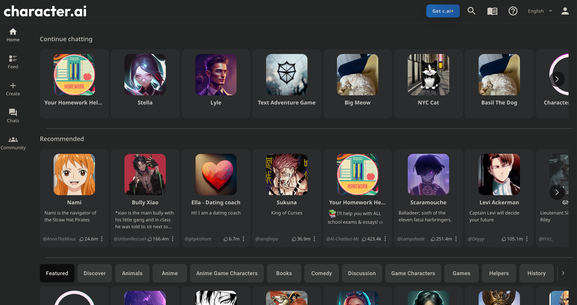 Character.ai homescreen