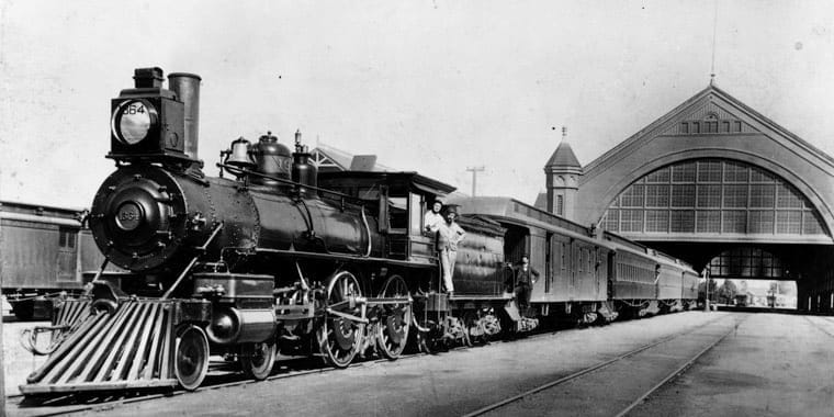 An historic photo of a train station in 1891 near downtown Los Angeles.