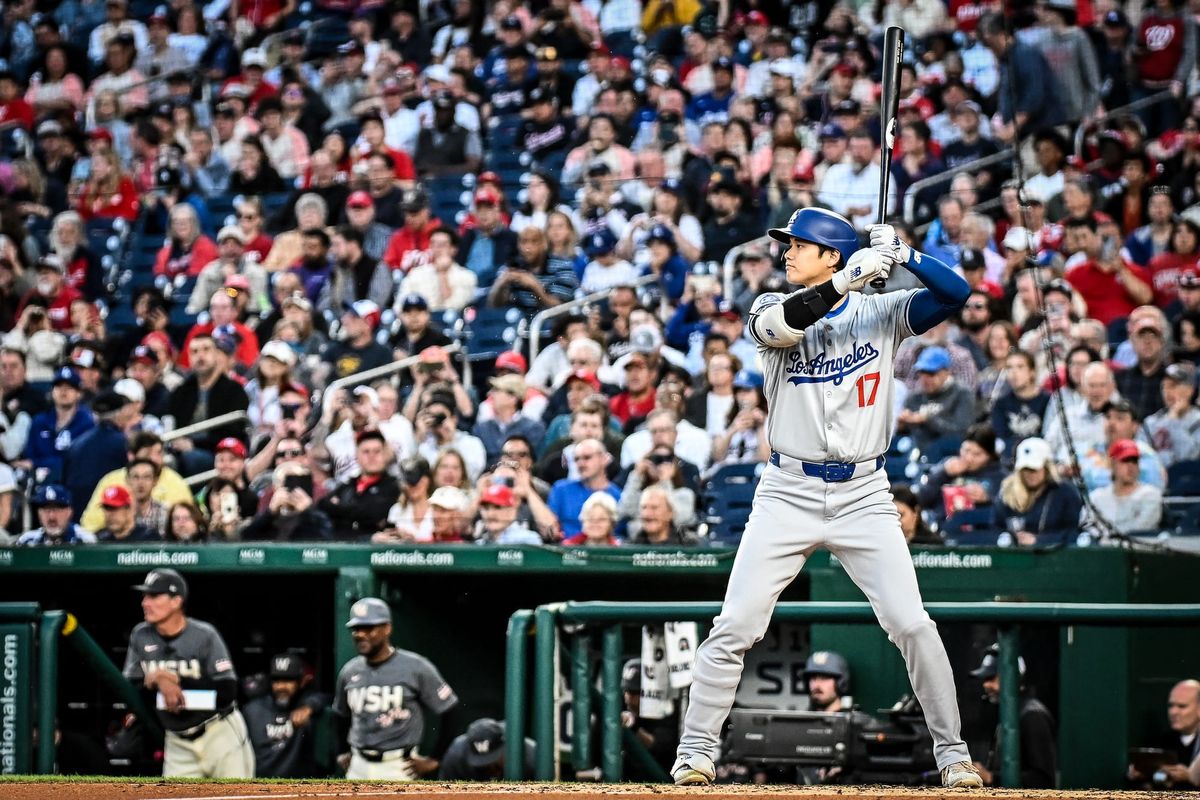 Shohei Ohtani bats as the Dodgers face off against the Nationals in April 2024. Photo courtesy of All-Pro Reels / Flickr.com.