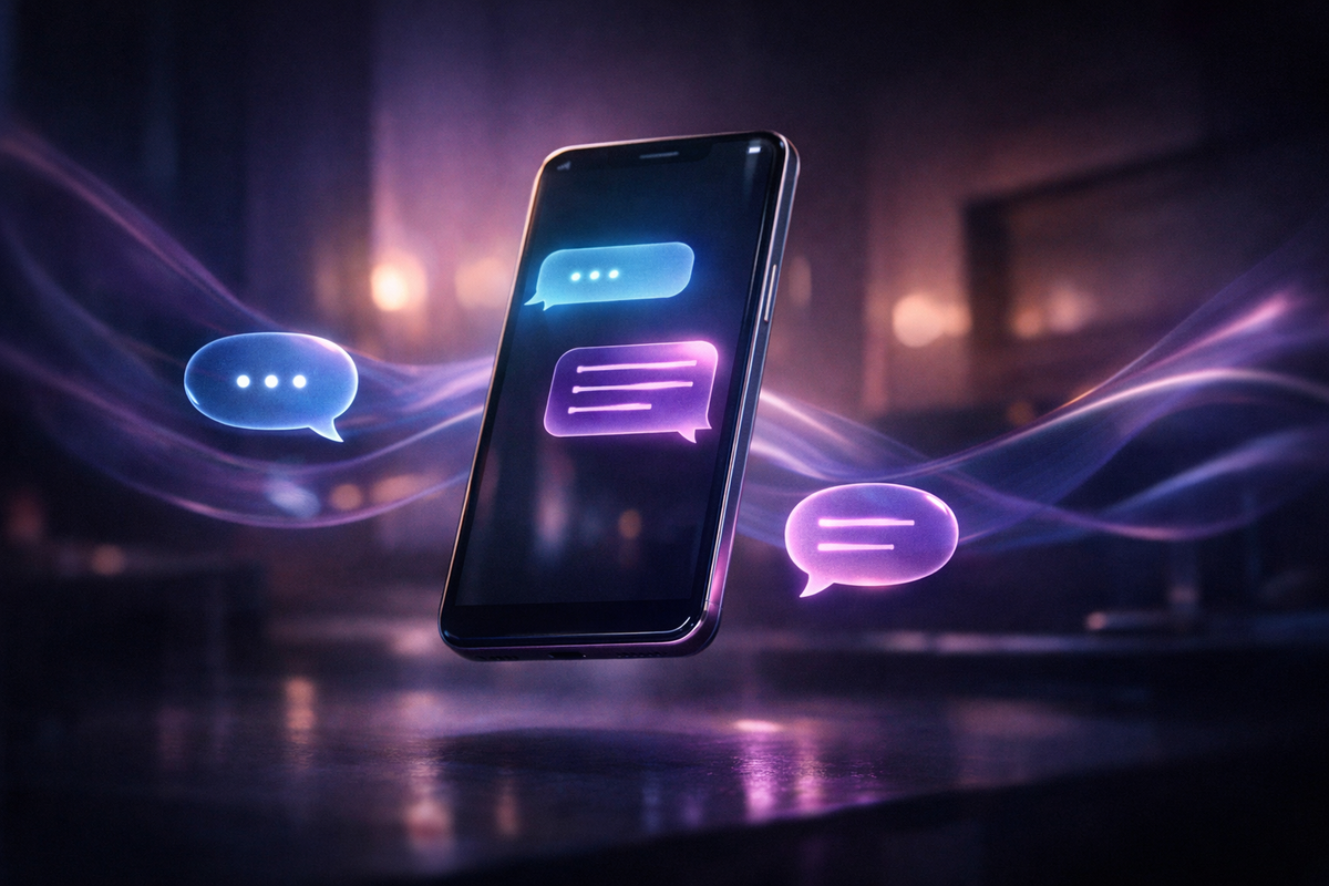 Conceptual illustration representing an NSFW AI chatbot experience, showing a smartphone with glowing chat bubbles and abstract visuals symbolizing adult AI conversation and virtual intimacy