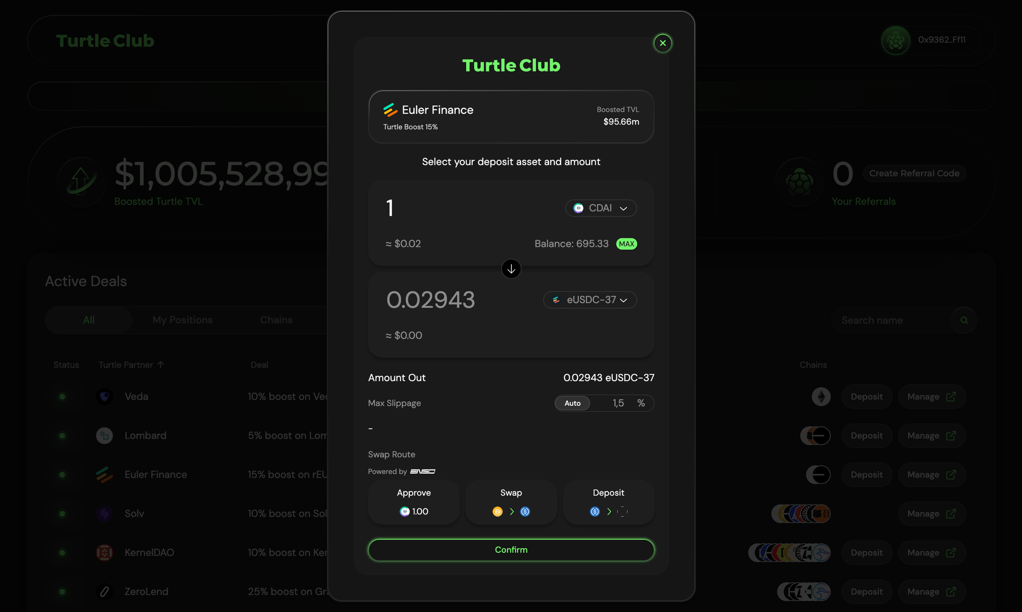 Turtle DAO one-click deposit to eUSDC-37 vault