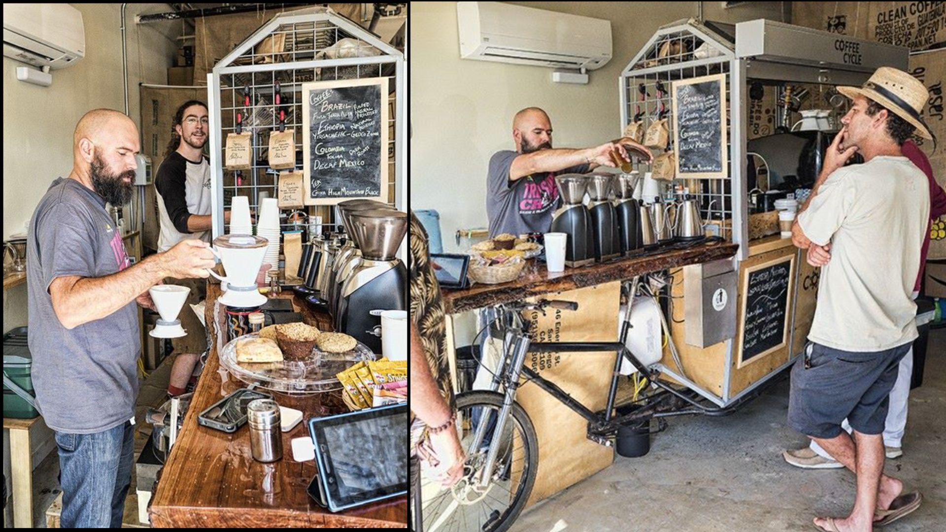 Left: A photo of two baristas working behind the coffee bar. The one closer to the camera reaches to set a pourover device on a coffee mug while the one behind the espresso machine smiles at the lens. Right: A bald, bearded barista pours coffee beans into one of several coffee grinders at the front of the coffee bar while a man in flip-flops, swimsuit, tee, and brimmed cap at a juanty angle looks on.