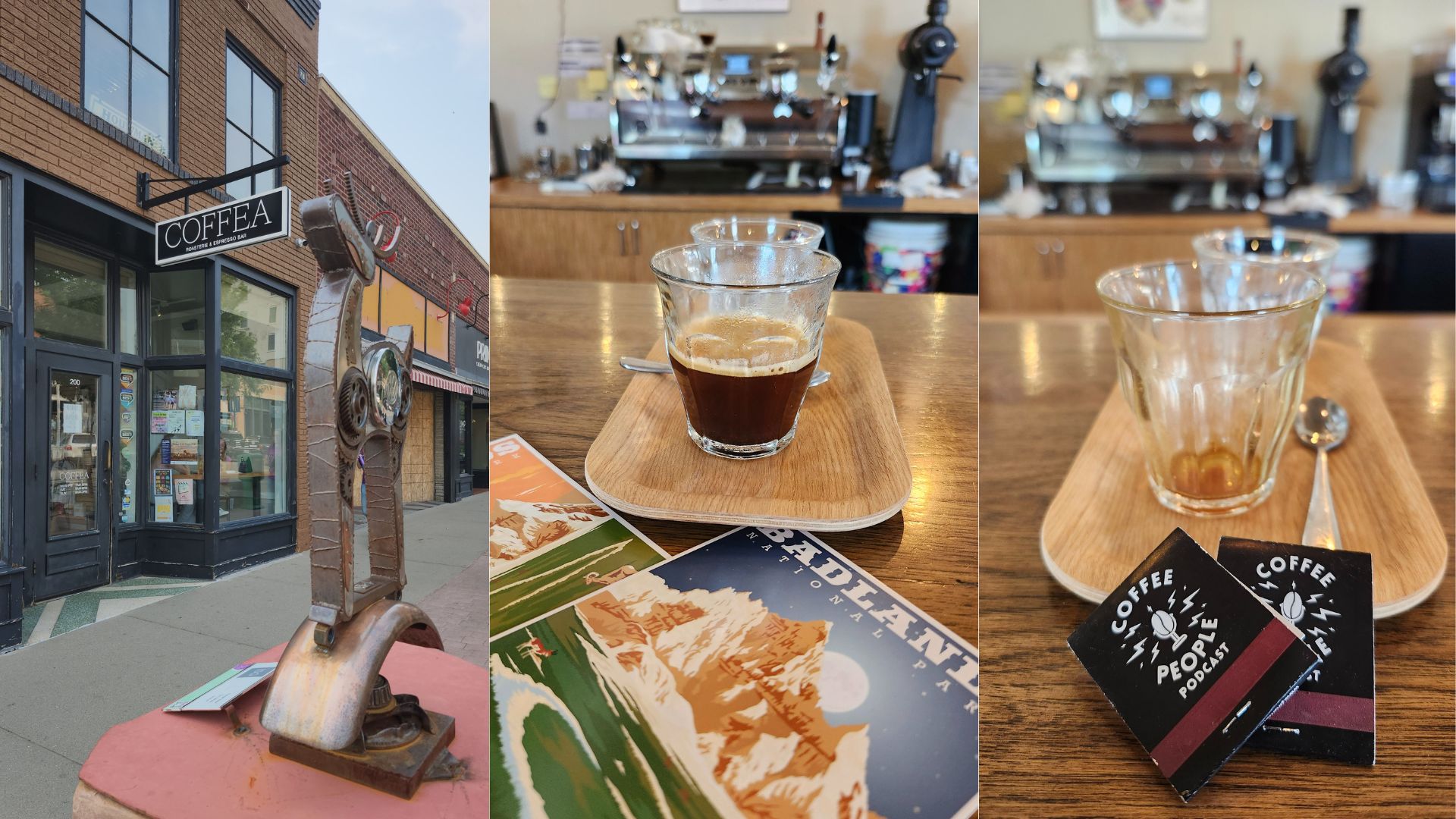 L-R: An artistic sculpture leads the eye into the glass picture windows and doorway of Coffea. A black and white sign hangs out over the sidewalk and is backed by the upper levels of the historic brick building. Middle: Postcards with illustrations of Badlands landscapes in the foreground lead back to an espresso in a rocks glass on a bamboo serving tray in front of a blurry espresso machine. R-Coffee People Podcast matchbooks lean up against a bamboo serving tray where an empty espresso rocks glass waits to be cleared from the countertop.