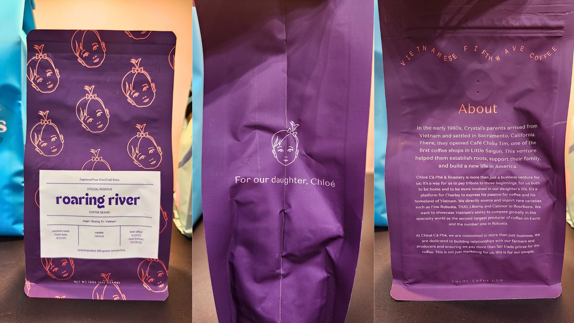 Three images of a coffee bag. Left: Front of the bag which is purple with a rose-gold drawing of a child's face repeated in a pattern on the bag with a white label that says "roaring river" and facts about the coffee. Middle: the side of the bag with a single image of the child's face with the note "For our daughter, Chloe." Right: The back of the bag featuring information about the business and coffee.