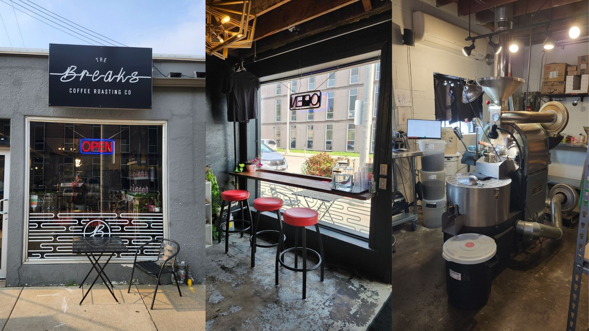 From L-R: L-The front window of a coffee shop with a black and white sign for The Breaks mounted above. The stucco concrete wall is painted grey and the picture window trimmed in white. Middle: Red vinyl topped stools are set up underneath a countertop mounted inside a picture window at a coffee shop. R: The coffee roasting machine in the back of a small workspace.