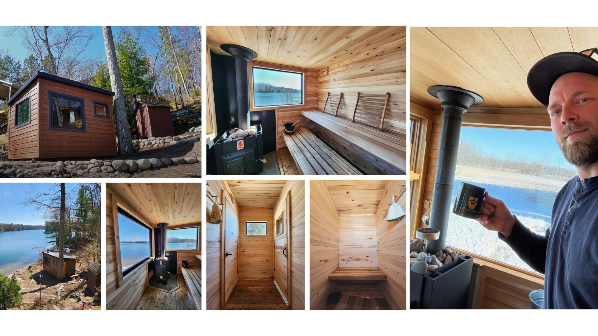A collage of a wood sauna set up on a sunny day near a lake and among the pine trees.