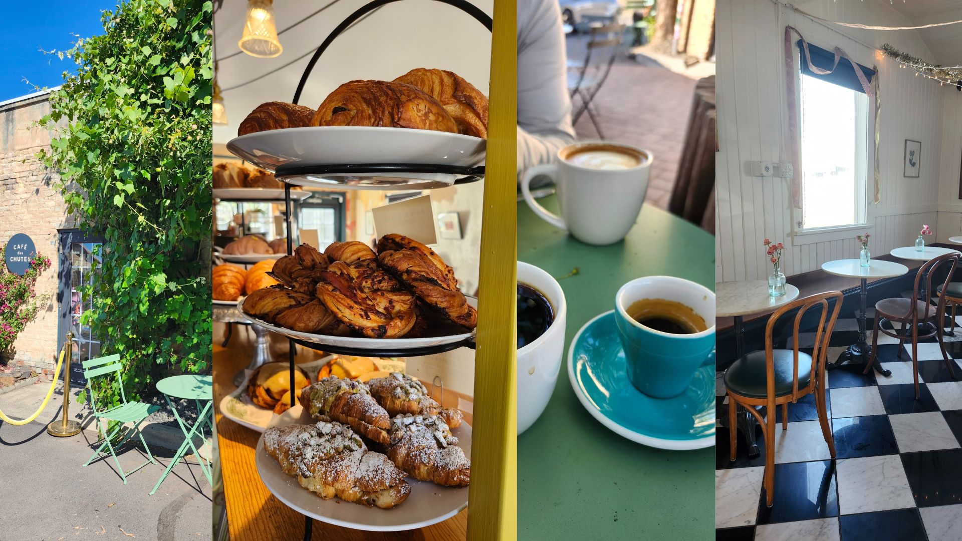 A 4-part collage of a coffee shop. From left: Front entrance. A gold rope guards the door inset into a beige brick wall partially obstructed by a tall green tree and vines. A seafoam green metal patio table and chair set is placed in front of the tree. 2nd from left: A close-up of French pastries on a 3-tier display. 2nd from right: Coffees and espresso on a table top. Right: The dining room features white tables lined up in front of a white wall with windows. Fresh-cut purple flowers are in simple glass vases. The floor is black and white checkerboard and overhead string lights have been hung evoking a European patio.