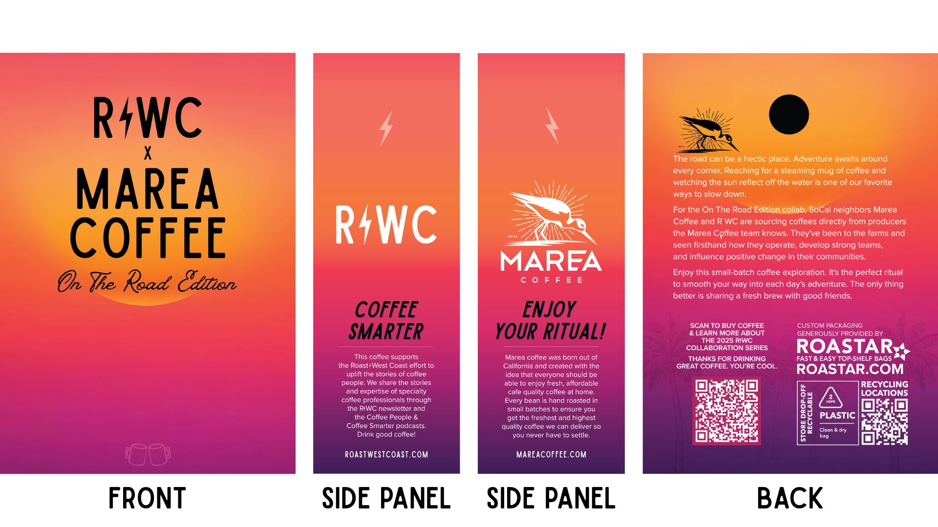 A 4-part collage showing the front, side panels, and back of a coffee package that features a sunset gradient through out from purple at the bottom fading up through pink, orange, and yellow. Text describes the coffee and links to the brands involved in the coffees production.