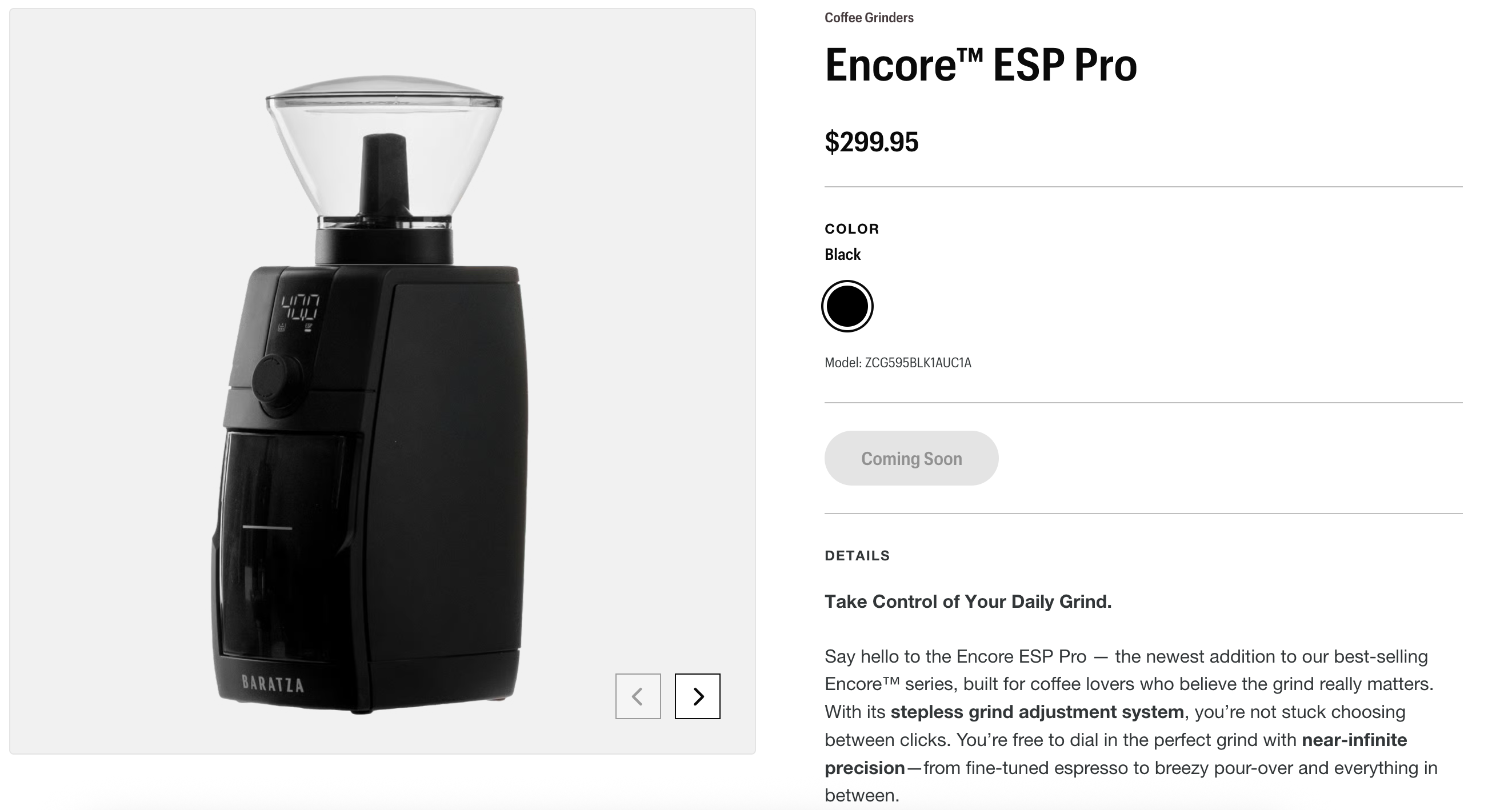 A product listing with image of a black coffee grinder with a clear hopper on the top.