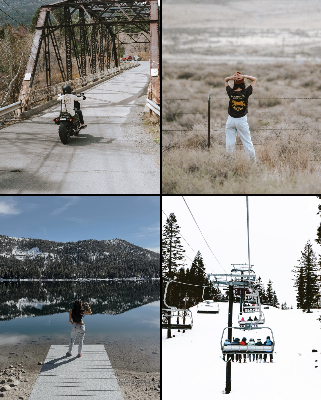 Top right: A motorcyclists rides over a iron-wrought bridge. Top left: A woman with her back to the camera raises her hands and clasps them behind her head while standing out in a dry field looking over a farm fence. Lower left: A woman with her back to the camera looks out at the water from the end of the dock. Lower right: Snowboarders jostle each other on the ski lift ahead over white snow with tall pines on each side of the run.