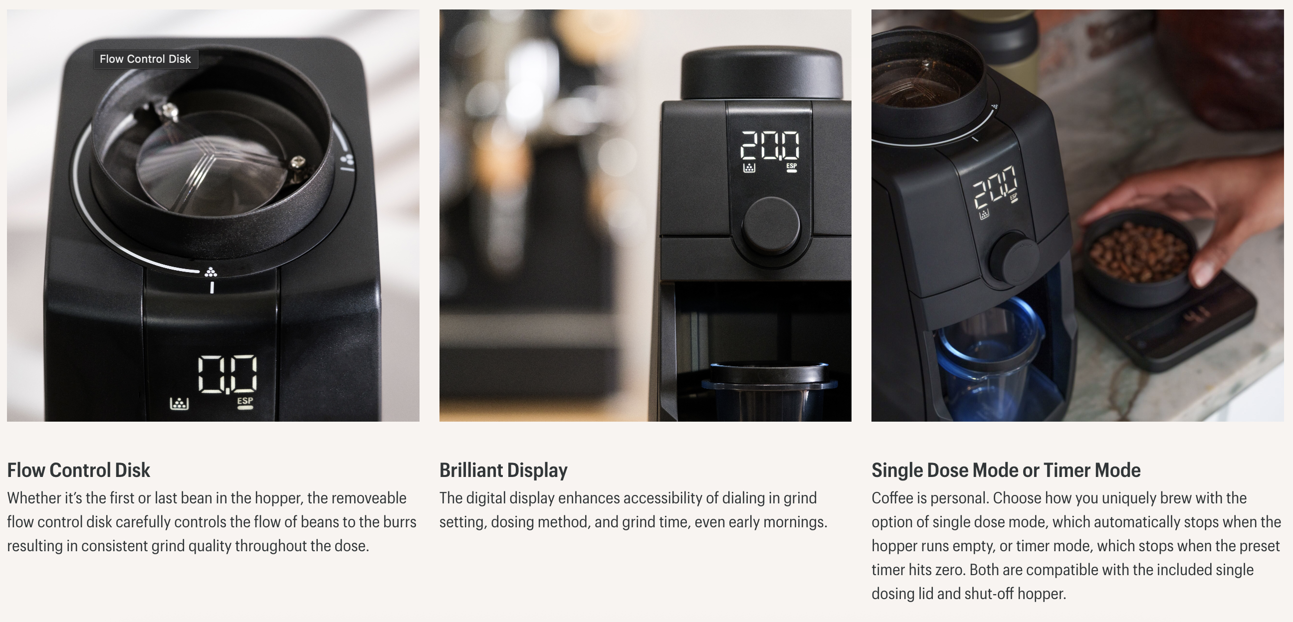 Three close-up images of a black coffee grinder from various angles and notes on product features below.