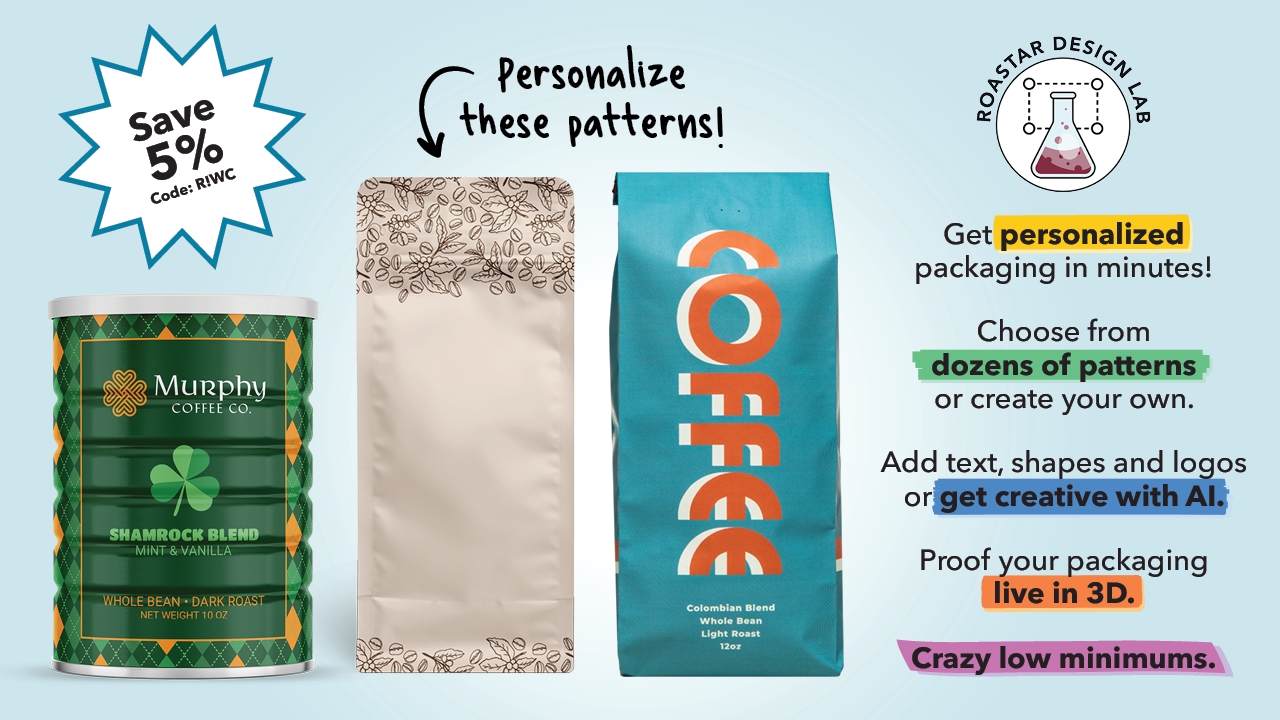 A promo code "R!WC" for Roastar coffee packaging with photos of packaging samples.