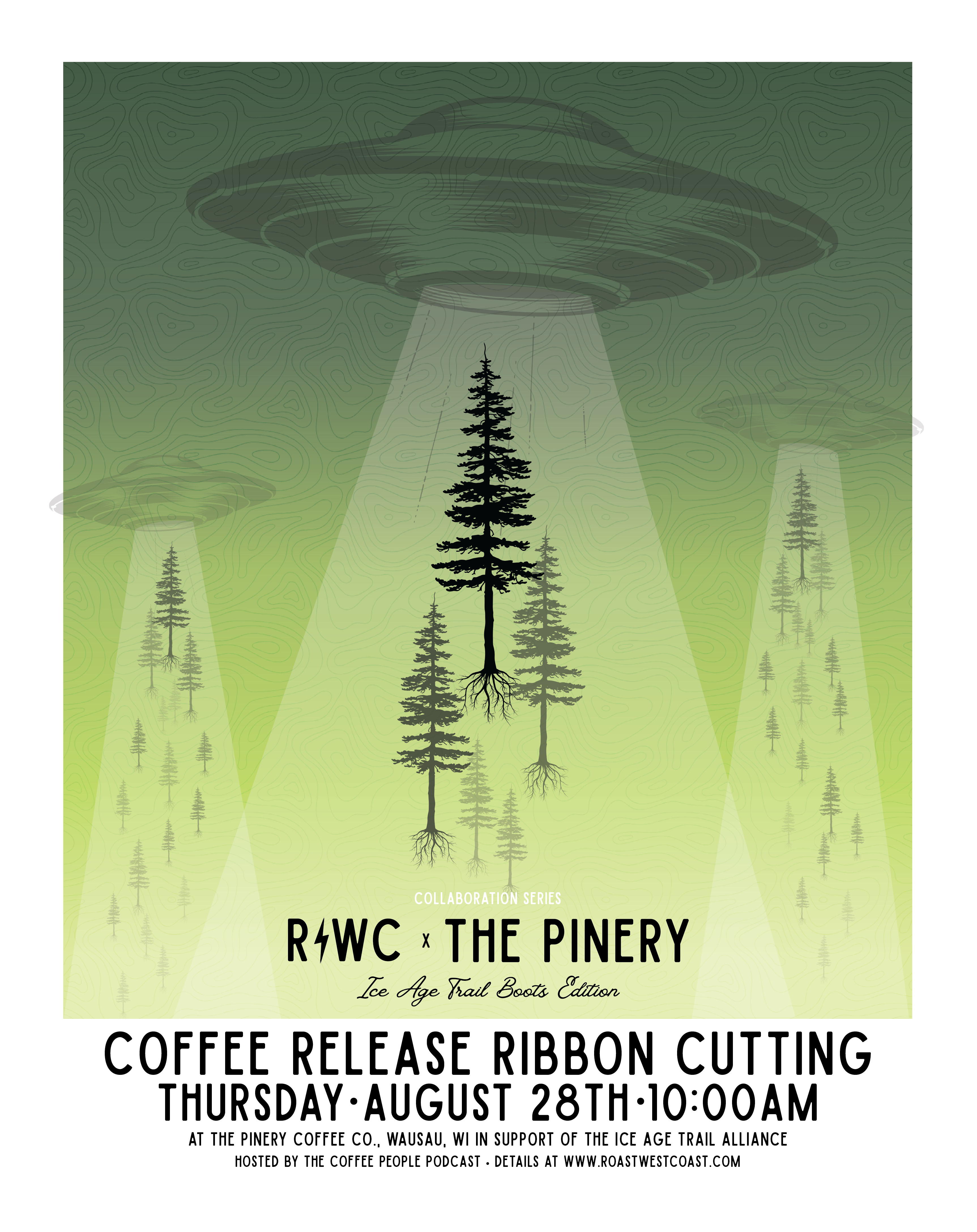 An event flyer featuring UFO illustrations with pine trees being sucked up into their beams over a green gradient textured with map terrain lines.