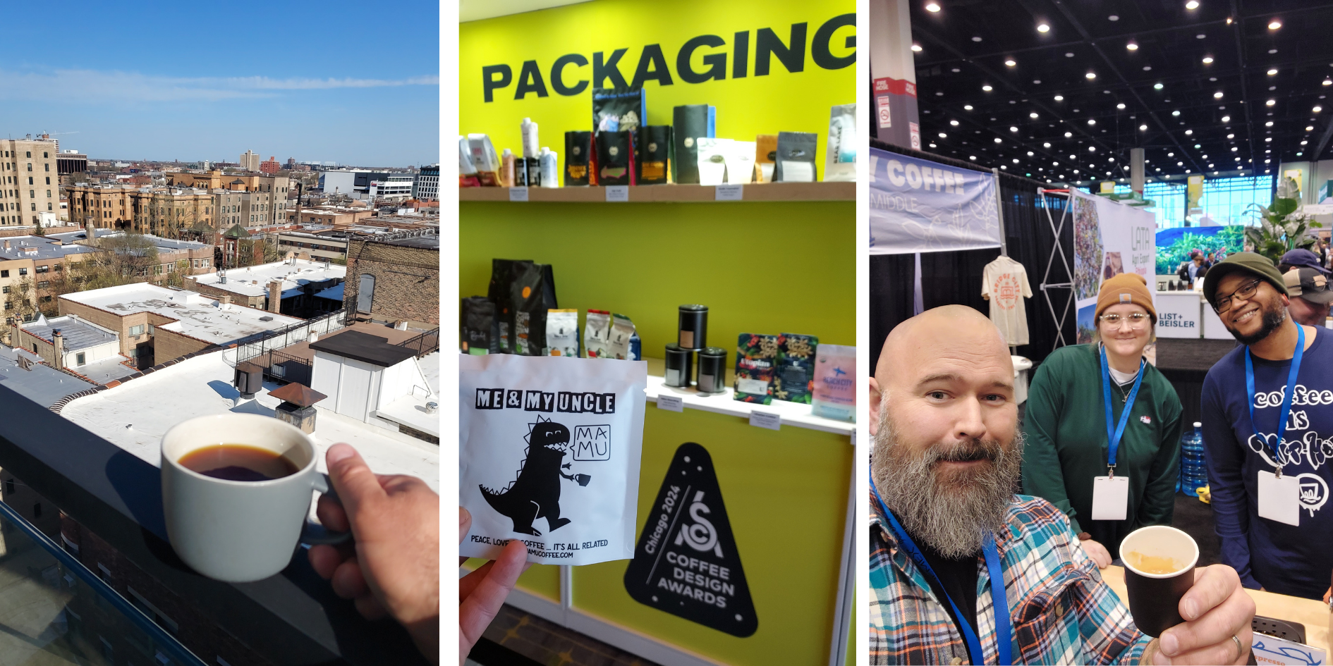 From L-R: A full cup of coffee is propped on the ledge of a patio with the Chicago skyline spreading out. A dinosaur image on a coffee sampler is held up in front of a coffee packaging display. A beared white man holds up a shot of espresso while the baristas lean in and smile in the background.