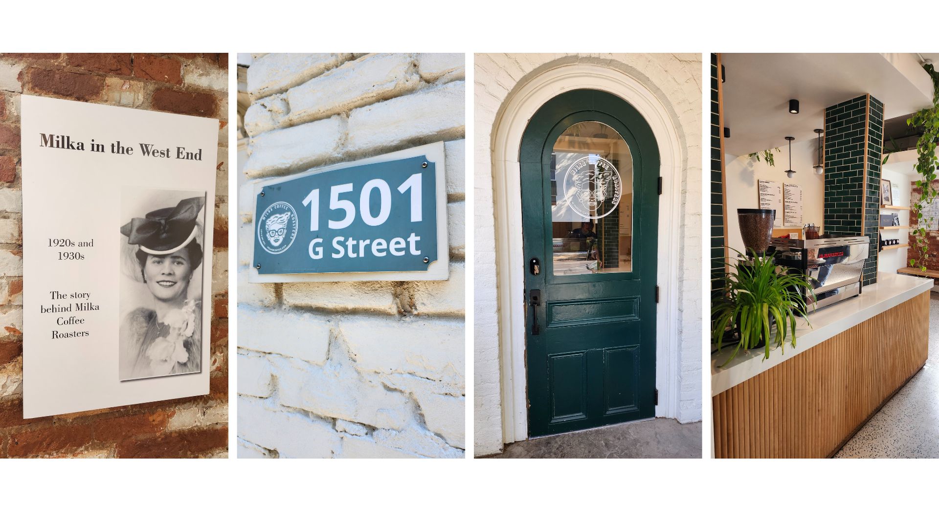 Collage from Left to Right: A black and white photo of a nattily dressed woman wearing a large, fancy hat with a bow. A close up of the address sign with an illustration of a grandmother and the address against white brick. A green door with an arched frame inset against white brick. Right: Emerald green tiles line the back bar and columns of a coffee bar with a white marble counter resting on a pale wood cabinet.