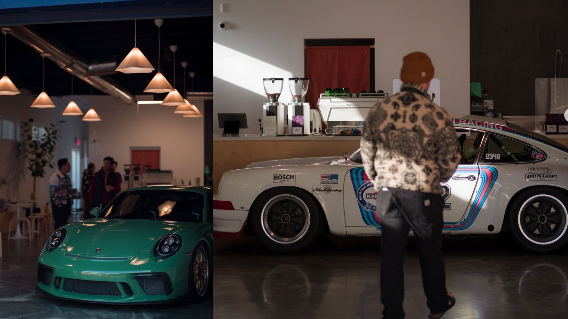 Left: A green Porsche is parked inside a large warehouse coffee shop under hanging lamps. Right: A white Porchse with racing decals is parked in front of a coffee bar featuring a white espresso machine and white grinders. A man walks toward the car with his back to the camera.