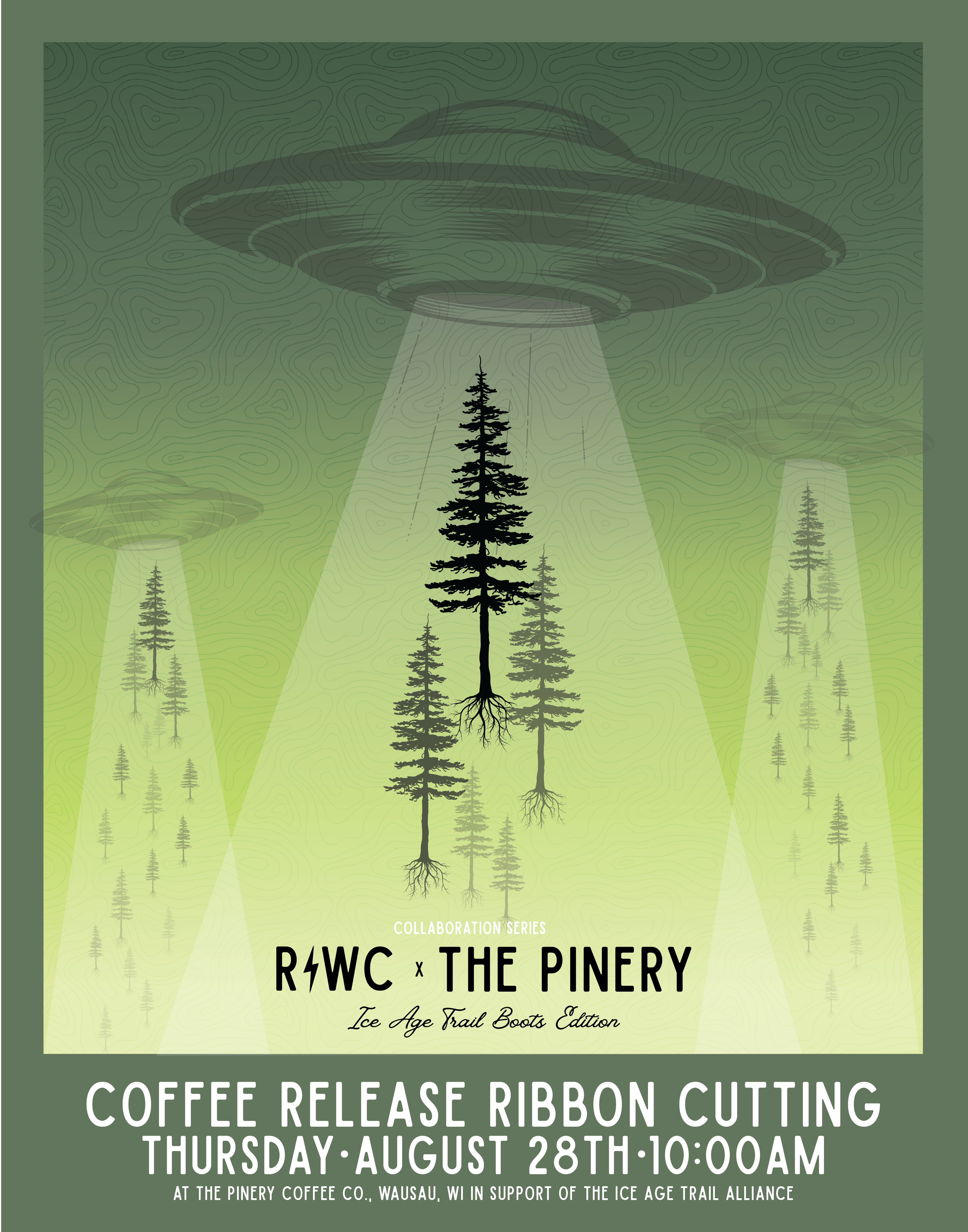 Illustrated UFO's suck up silhouetted pine trees with their roots trailing below.