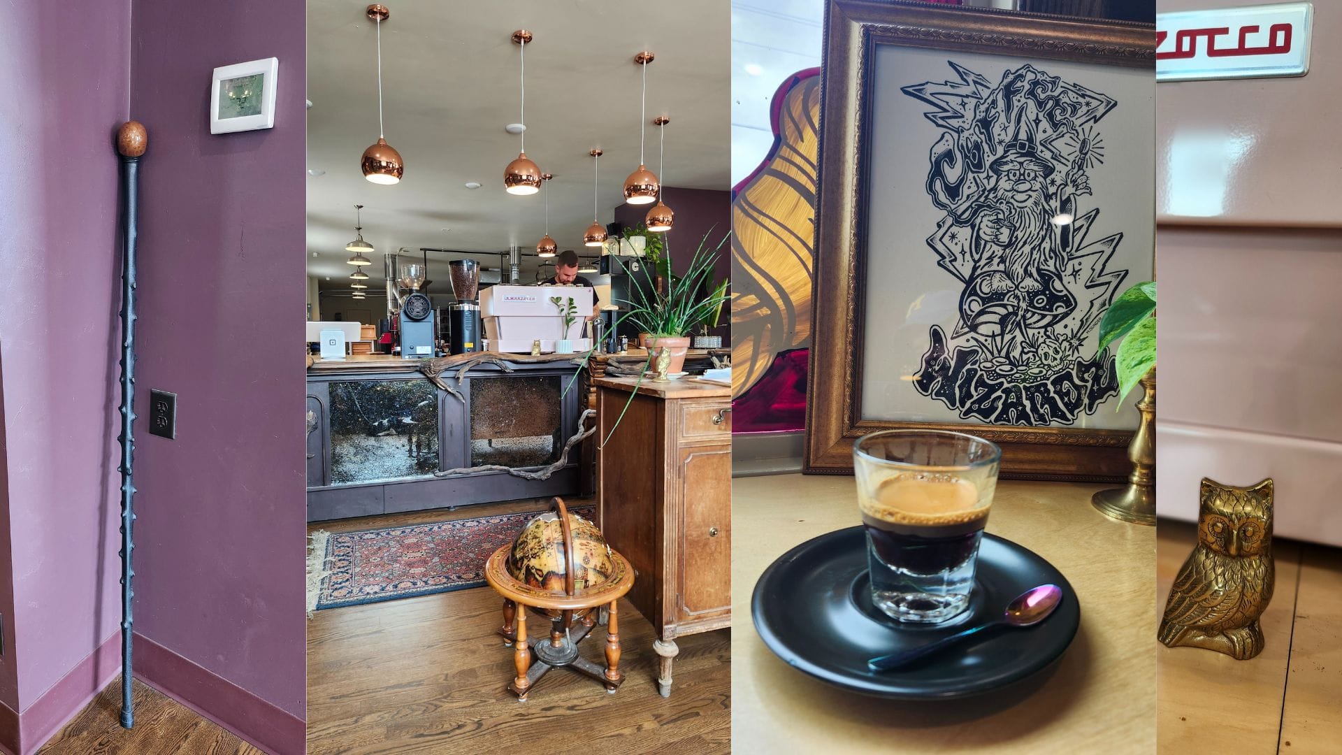 From left: A knobby wizard staff leans in the corner against a purple wall. Bronze lanterns hang down over the pink espresso machine. A close up of an espresso in a rocks glass on a black saucer sits in front of a pen and ink drawing of a wizard. A brass owl figurine is small in front of the pink espresso machine on the coffee bar.