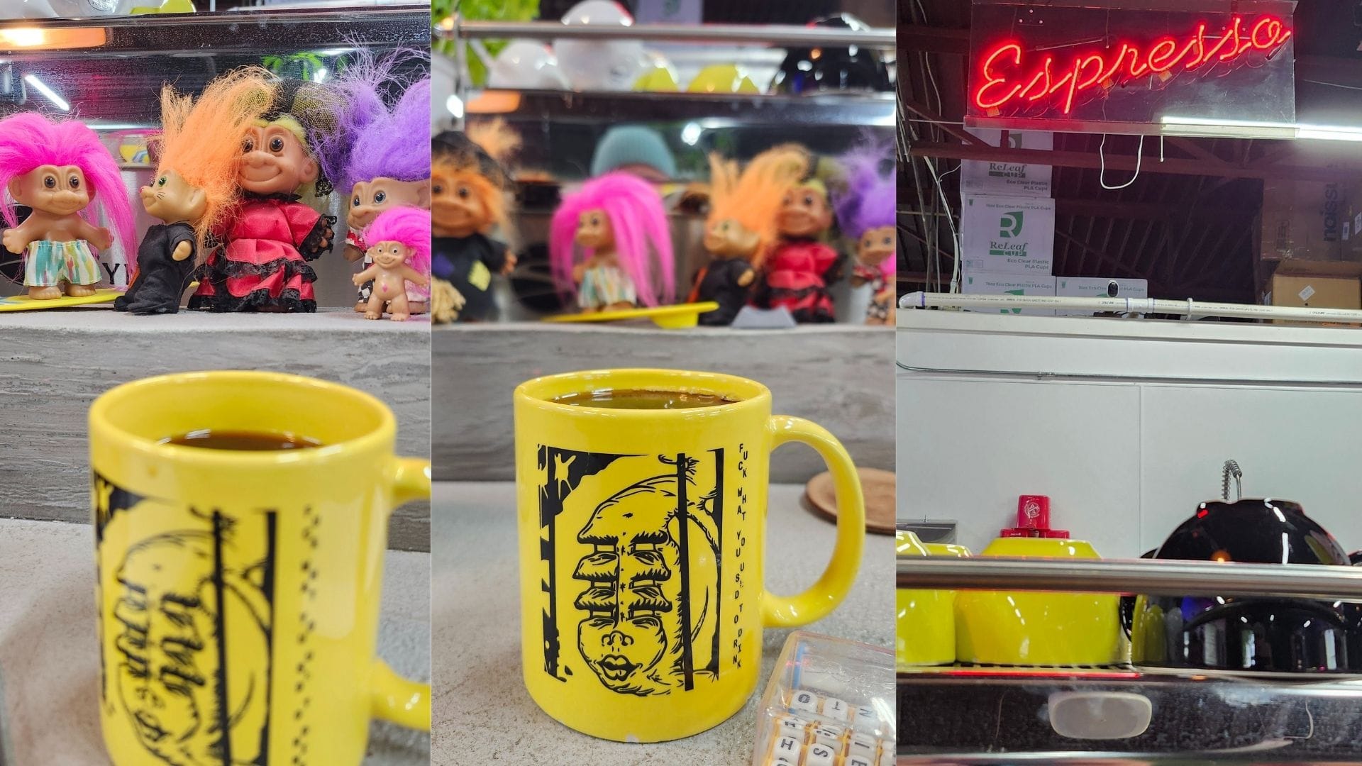 L-R: Trolls looking down on a yellow mug of coffee. A yellow mug with a black graphic of a stretched out face. A neon "espresso" sign is over mugs on an espresso machine.