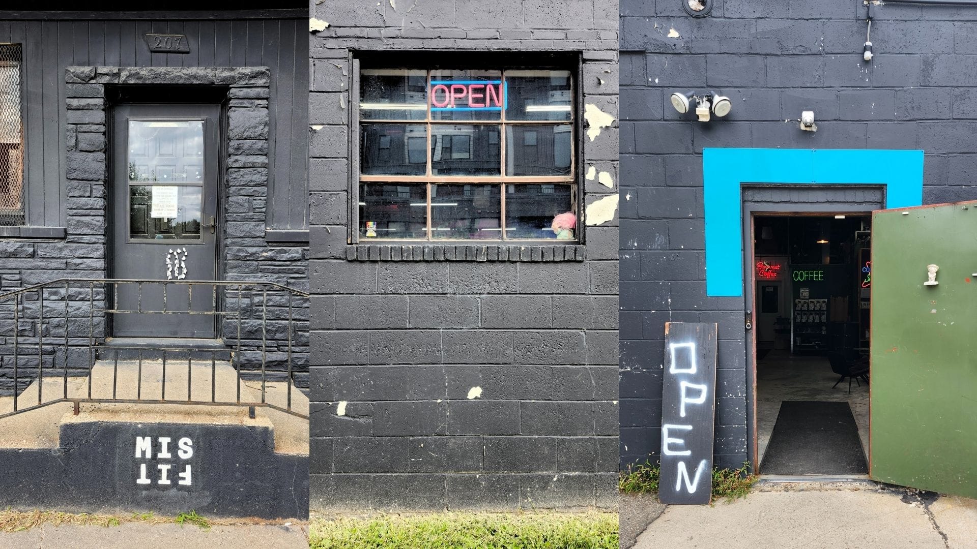 Three images. L-R: Concrete block building. Doorways and windows inset against worn black concrete block.